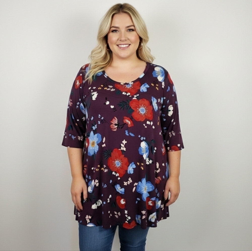 Penningtons In Every Story Purple Floral Stretch Jersey Tunic Top Floral New 5X